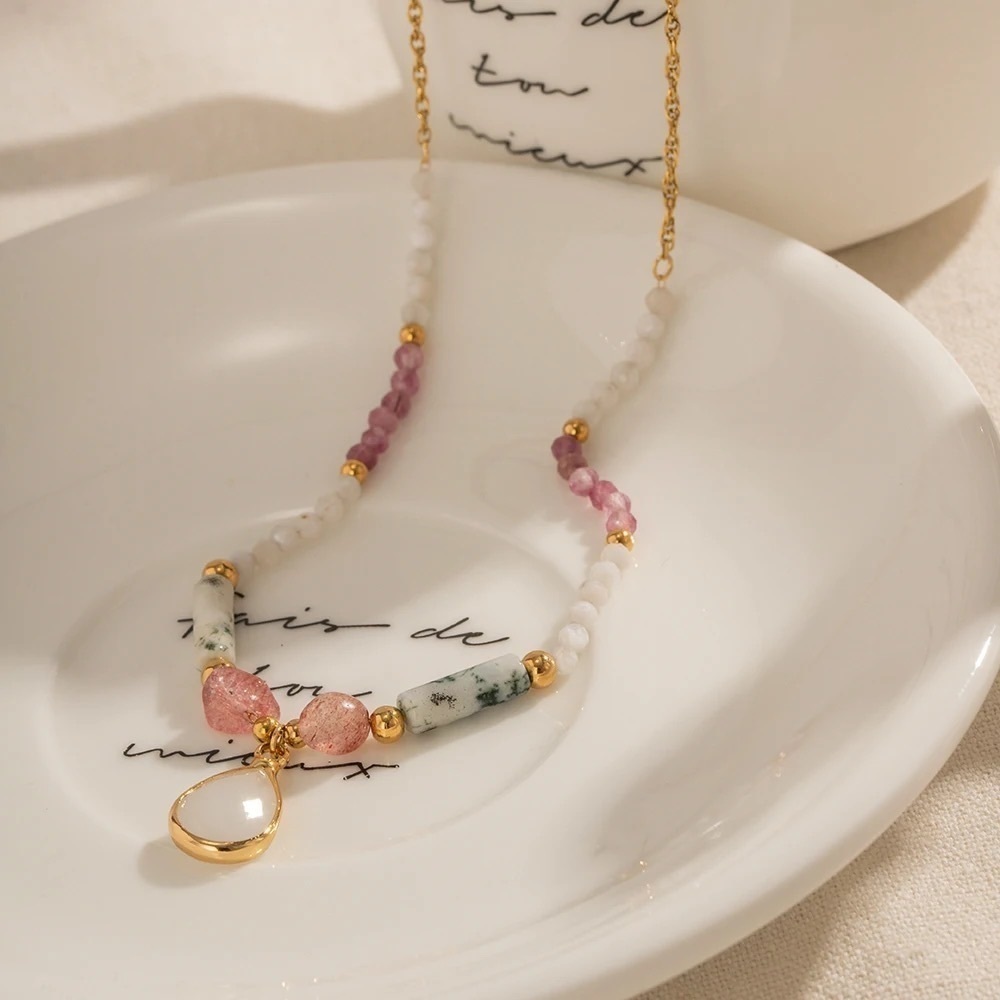 18k Gold Plated *Beaded Gemstone* White Necklace